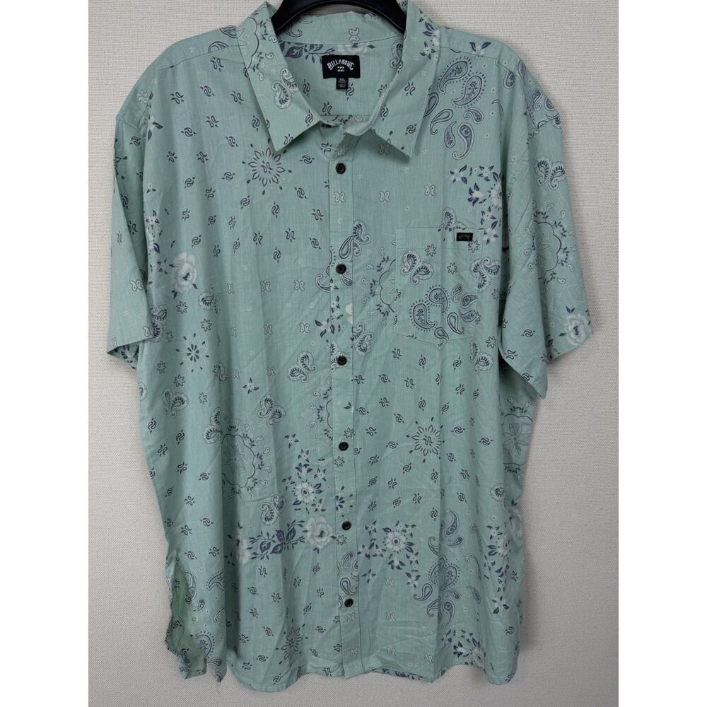 Billabong Mens Shirt XXL Aqua Tropical Hawaiian Floral Paisley Short Sleeve FLAW